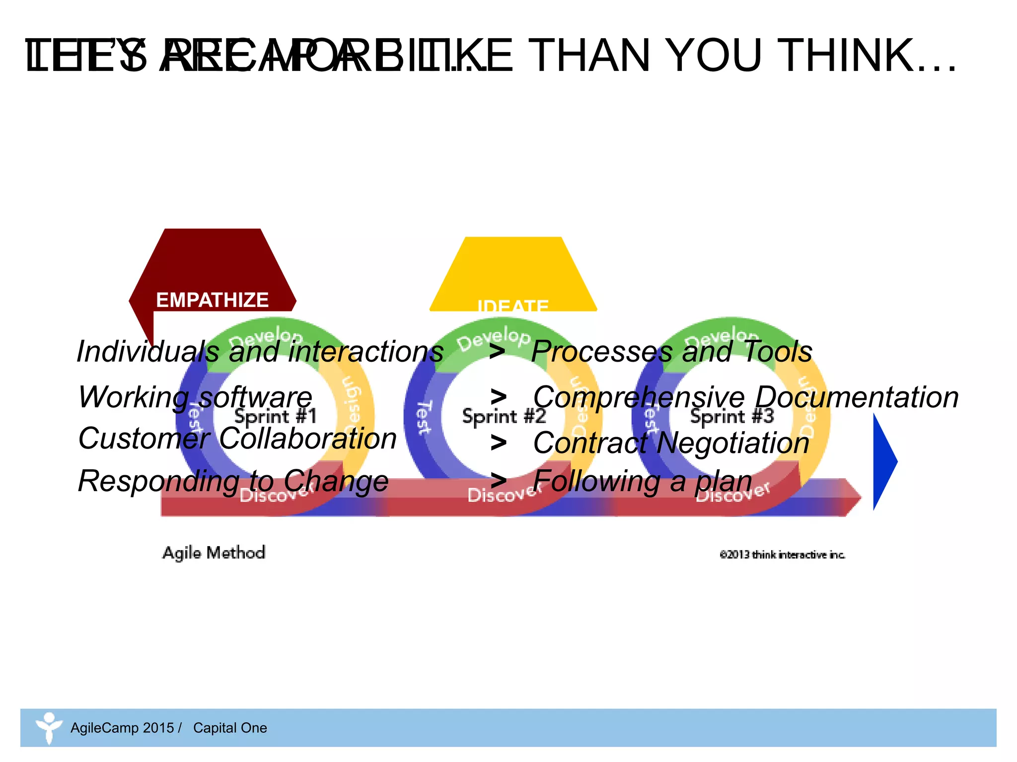 IDEATE
alternatives
PROTOTYPE
to refine
TEST
to learn
EMPATHIZE
with people
DEFINE
opportunity
LET’S RECAP A BIT…
AgileCamp 2015 / Capital One
THEY ARE MORE LIKE THAN YOU THINK…
Individuals and interactions > Processes and Tools
Working software > Comprehensive Documentation
Customer Collaboration > Contract Negotiation
Responding to Change > Following a plan
 