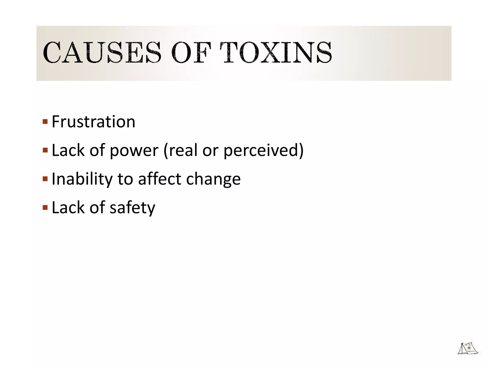 Frustration
Lack of power (real or perceived)
Inability to affect change
Lack of safety
 