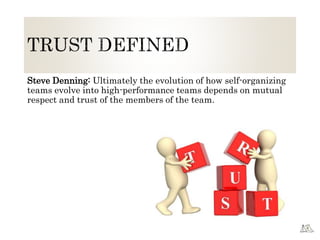 Steve Denning: Ultimately the evolution of how self-organizing
teams evolve into high-performance teams depends on mutual
respect and trust of the members of the team.
 