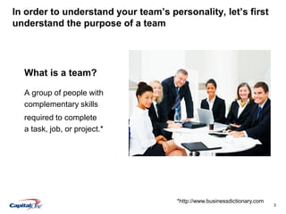3
In order to understand your team’s personality, let’s first
understand the purpose of a team
A group of people with
complementary skills
required to complete
a task, job, or project.*
*http://www.businessdictionary.com
What is a team?
 