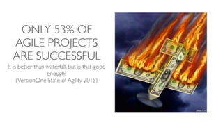 ONLY 53% OF
AGILE PROJECTS
ARE SUCCESSFUL
It is better than waterfall, but is that good
enough?
(VersionOne State of Agility 2015)
 
