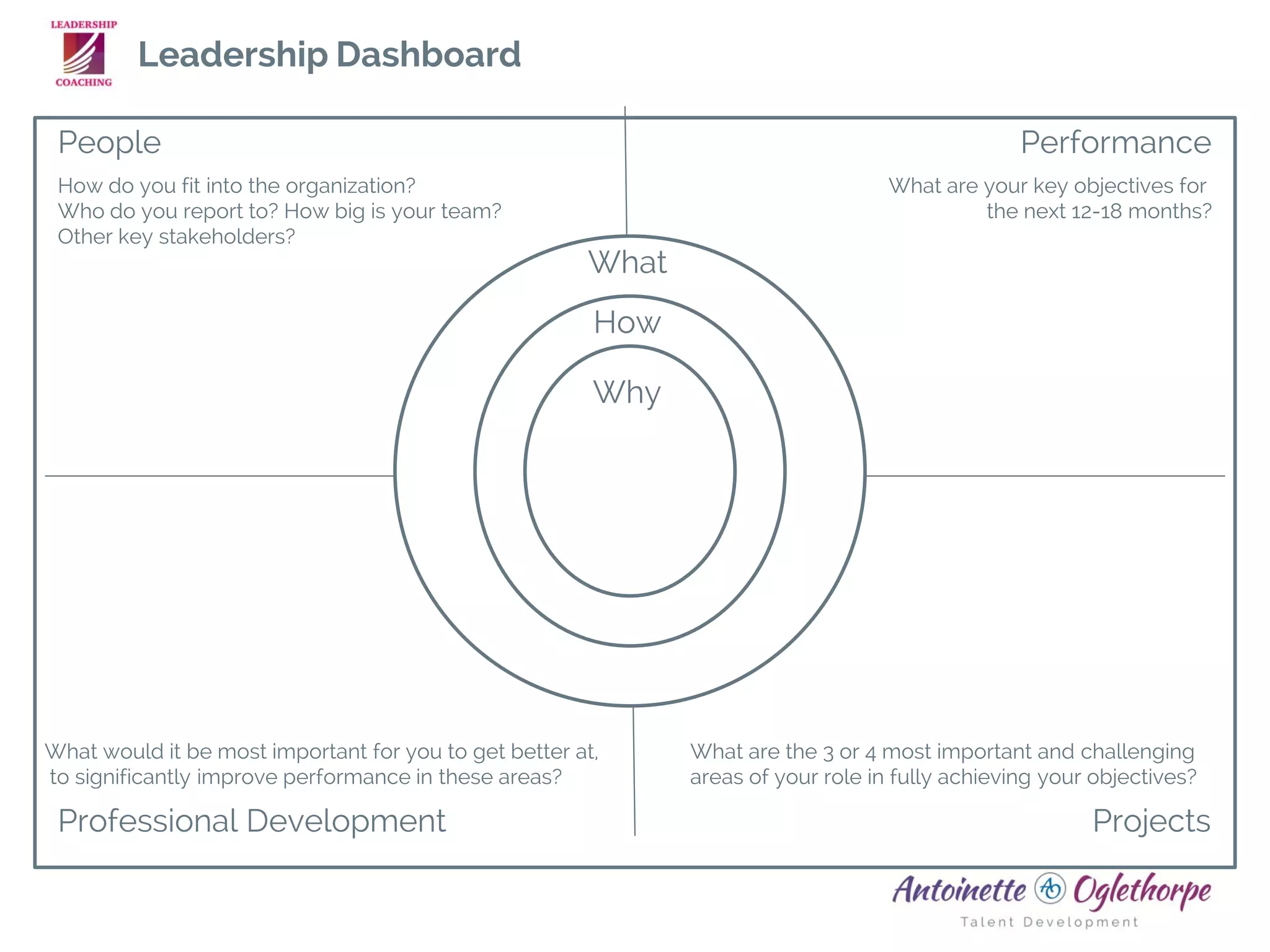 Leadership Dashboard
Why
How
What
People Performance
Professional Development Projects
What are your key objectives for
the next 12-18 months?
What are the 3 or 4 most important and challenging
areas of your role in fully achieving your objectives?
How do you fit into the organization?
Who do you report to? How big is your team?
Other key stakeholders?
What would it be most important for you to get better at,
to significantly improve performance in these areas?
 