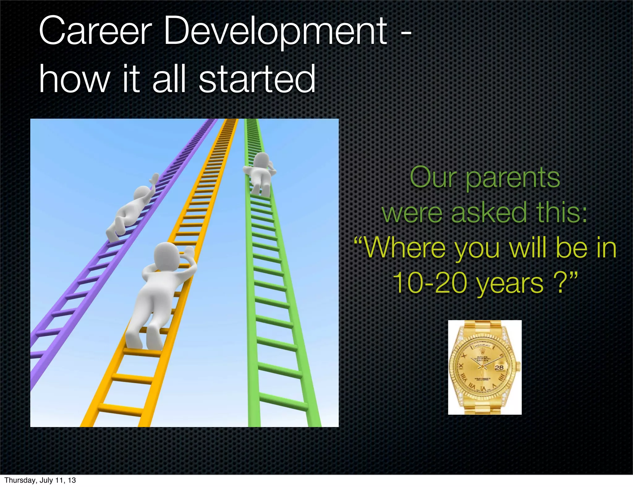Career Development -
how it all started
Our parents
were asked this:
“Where you will be in
10-20 years ?”
Thursday, July 11, 13
 