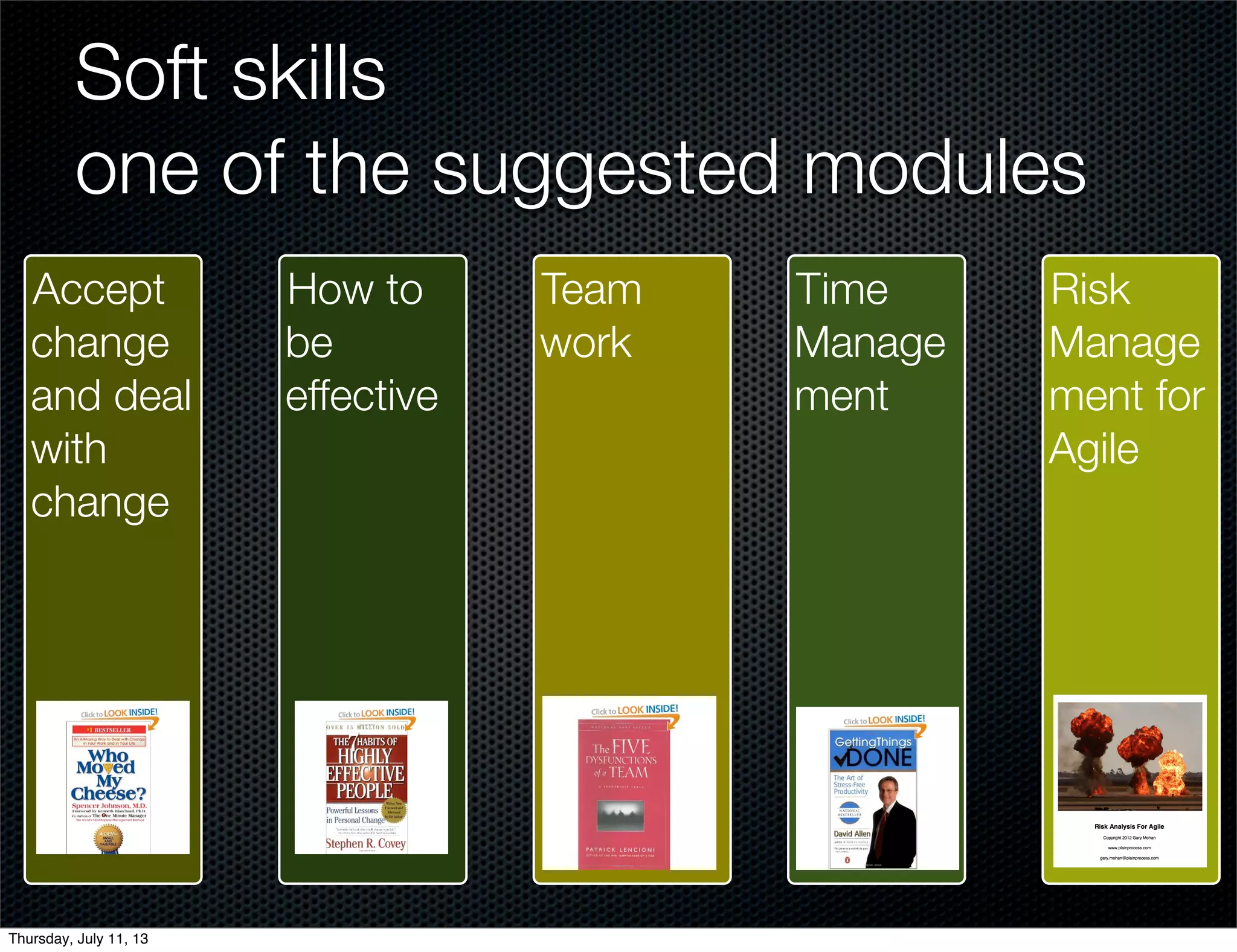 Soft skills
one of the suggested modules
Accept
change
and deal
with
change
How to
be
effective
Team
work
Time
Manage
ment
Risk
Manage
ment for
Agile
Thursday, July 11, 13
 