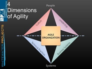 Leadership

People

The leaders job is twofold:
1.

Provide clear direction

2.

Removers of obstacles and
smoothers of paths

AGILE
ORGANIZATION

Challenges:
• Trust of the iterative Process
• Availability/Authority/Knowledg
e
Systems

 