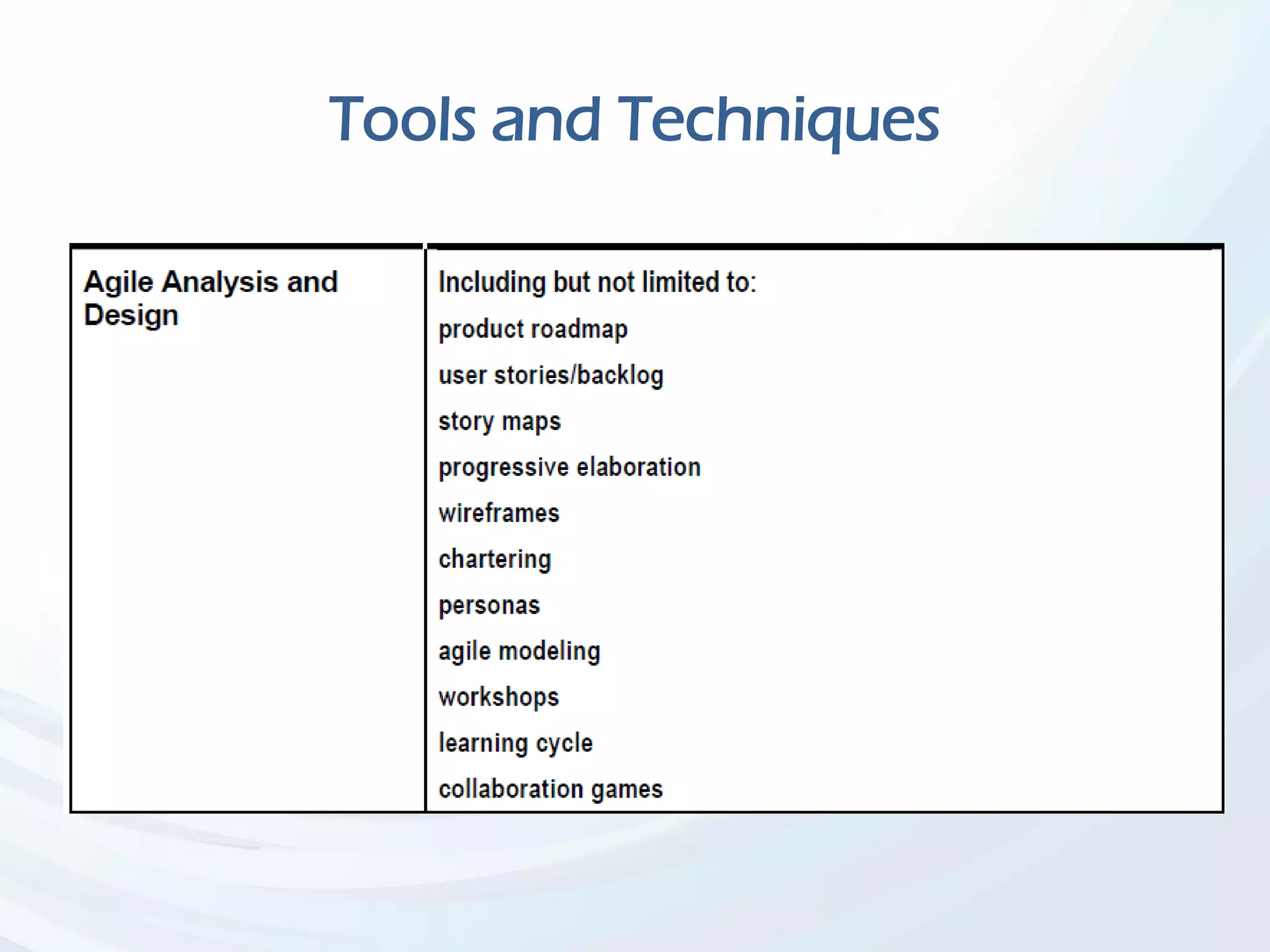 Tools and Techniques
 