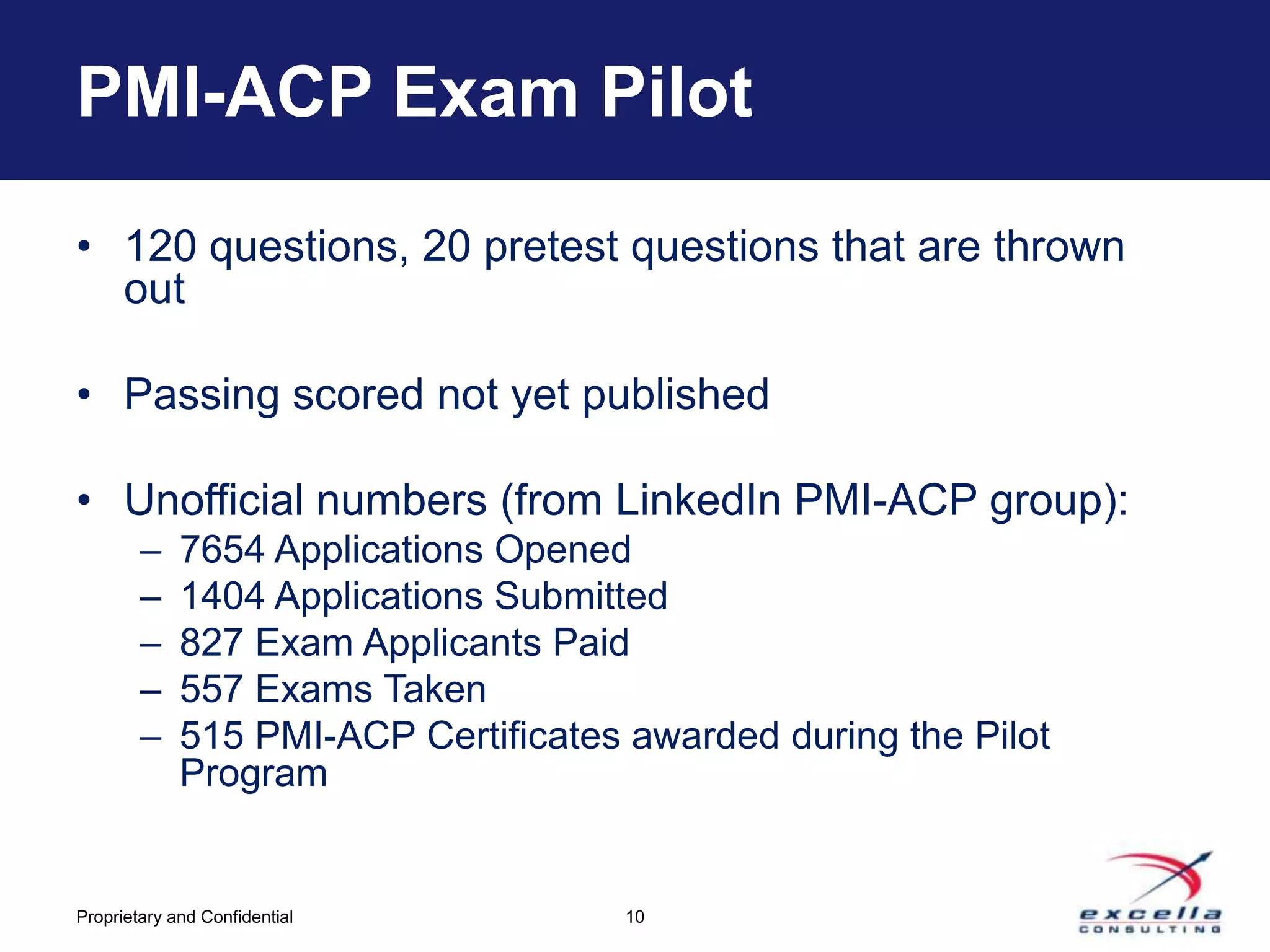 PMI-ACP Exam Pilot

• 120 questions, 20 pretest questions that are thrown
  out

• Passing scored not yet published

• Unofficial numbers (from LinkedIn PMI-ACP group):
        –    7654 Applications Opened
        –    1404 Applications Submitted
        –    827 Exam Applicants Paid
        –    557 Exams Taken
        –    515 PMI-ACP Certificates awarded during the Pilot
             Program


Proprietary and Confidential          10
 