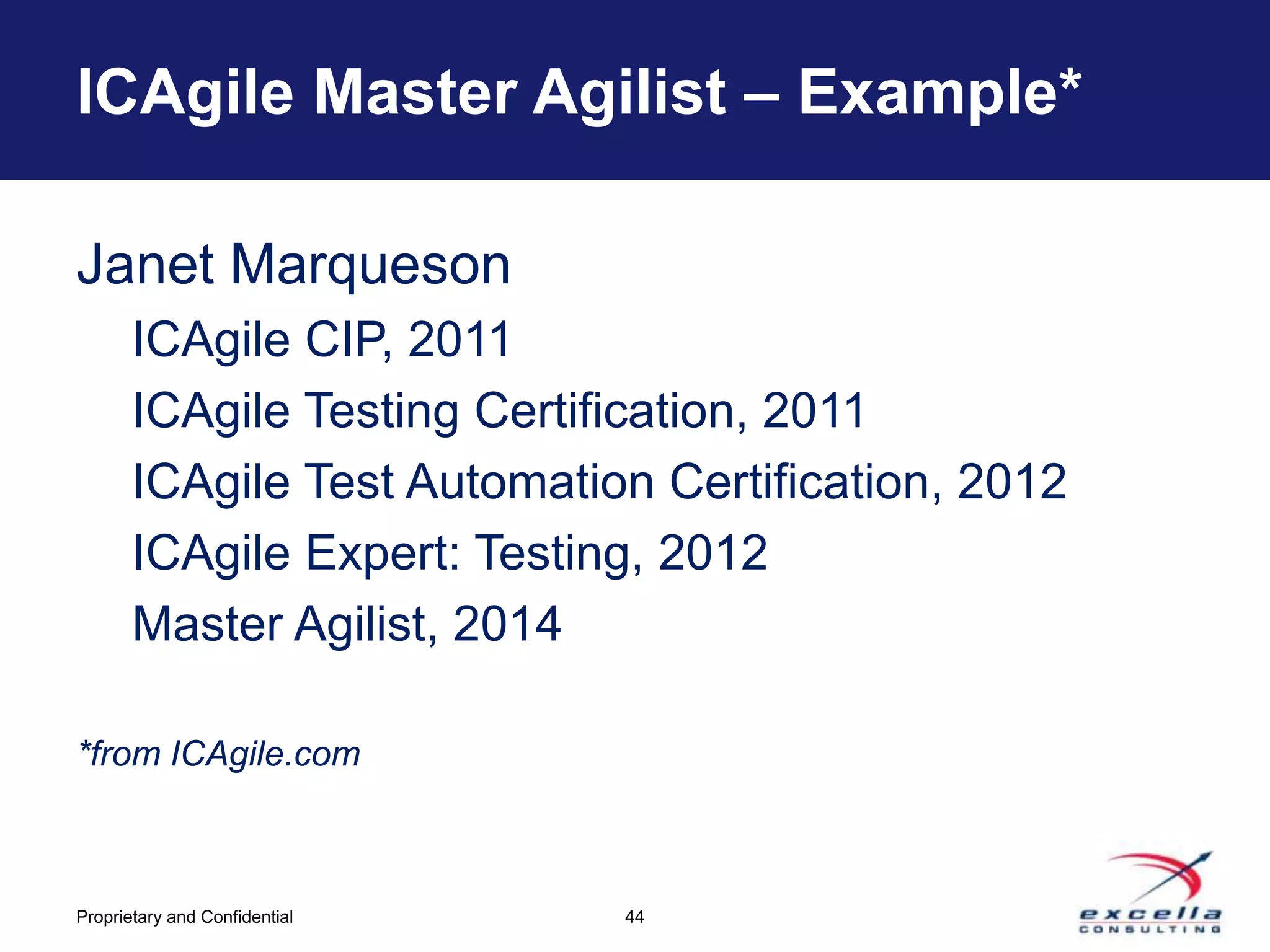 ICAgile Master Agilist – Example*

Janet Marqueson
       ICAgile CIP, 2011
       ICAgile Testing Certification, 2011
       ICAgile Test Automation Certification, 2012
       ICAgile Expert: Testing, 2012
       Master Agilist, 2014

*from ICAgile.com



Proprietary and Confidential   44
 