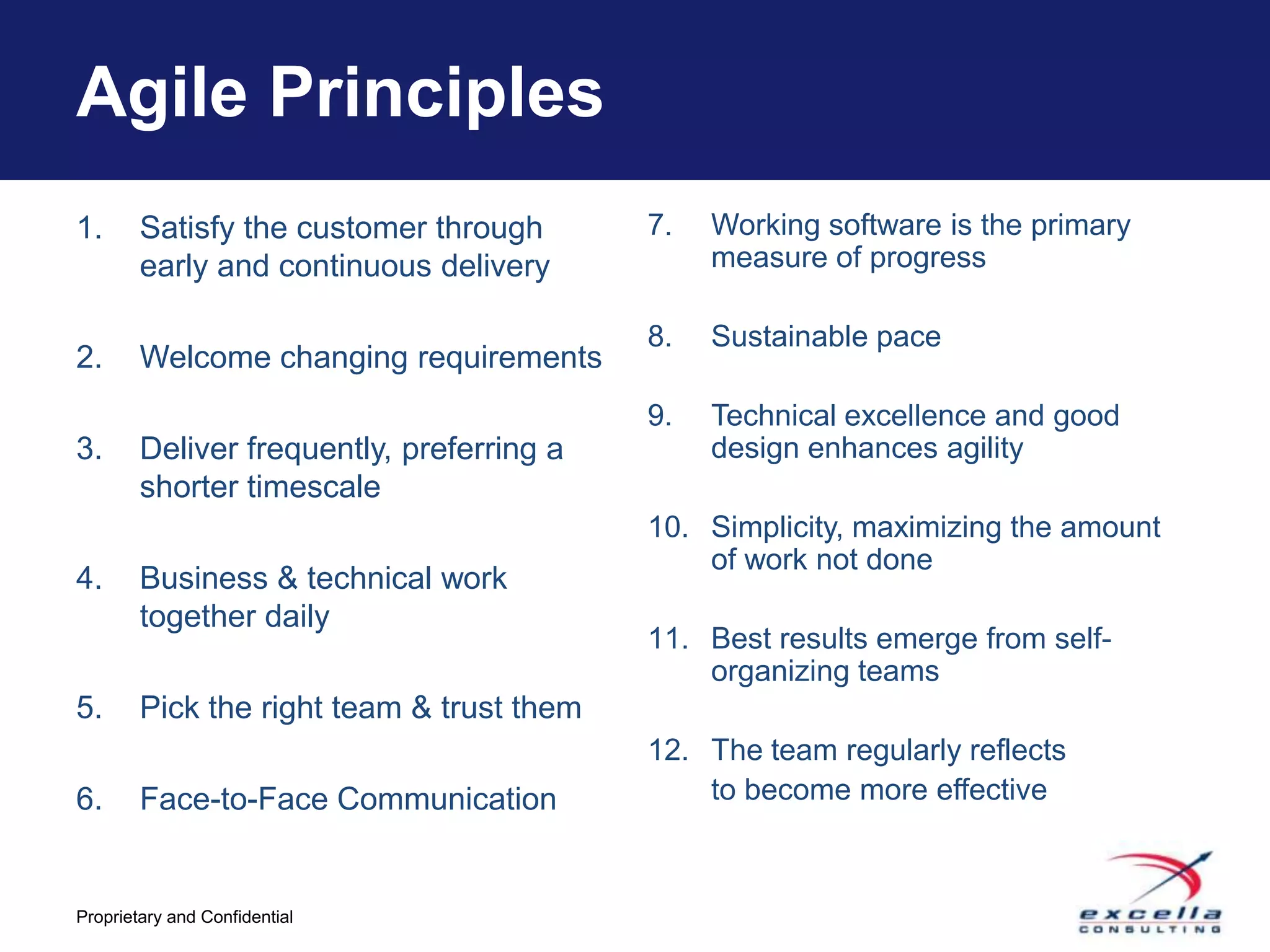 Agile Principles
1.      Satisfy the customer through       7.   Working software is the primary
        early and continuous delivery           measure of progress

                                           8.   Sustainable pace
2.      Welcome changing requirements
                                           9.   Technical excellence and good
3.      Deliver frequently, preferring a        design enhances agility
        shorter timescale
                                           10. Simplicity, maximizing the amount
                                               of work not done
4.      Business & technical work
        together daily
                                           11. Best results emerge from self-
                                               organizing teams
5.      Pick the right team & trust them
                                           12. The team regularly reflects
6.      Face-to-Face Communication             to become more effective



Proprietary and Confidential
 