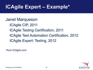 ICAgile Expert – Example*

Janet Marqueson
       ICAgile CIP, 2011
       ICAgile Testing Certification, 2011
       ICAgile Test Automation Certification, 2012
       ICAgile Expert: Testing, 2012

*from ICAgile.com




Proprietary and Confidential   42
 