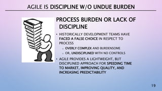 19
PROCESS BURDEN OR LACK OF
DISCIPLINE
• HISTORICALLY DEVELOPMENT TEAMS HAVE
FACED A FALSE CHOICE IN RESPECT TO
PROCESS
o OVERLY COMPLEX AND BURDENSOME
o OR, UNDISCIPLINED WITH NO CONTROLS
• AGILE PROVIDES A LIGHTWEIGHT, BUT
DISCIPLINED APPROACH FOR SPEEDING TIME
TO MARKET, IMPROVING QUALITY, AND
INCREASING PREDICTABILITY
AGILE IS DISCIPLINE W/O UNDUE BURDEN
 