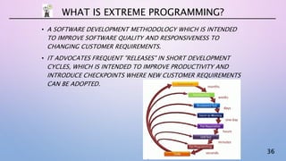 36
• A SOFTWARE DEVELOPMENT METHODOLOGY WHICH IS INTENDED
TO IMPROVE SOFTWARE QUALITY AND RESPONSIVENESS TO
CHANGING CUSTOMER REQUIREMENTS.
• IT ADVOCATES FREQUENT "RELEASES" IN SHORT DEVELOPMENT
CYCLES, WHICH IS INTENDED TO IMPROVE PRODUCTIVITY AND
INTRODUCE CHECKPOINTS WHERE NEW CUSTOMER REQUIREMENTS
CAN BE ADOPTED.
WHAT IS EXTREME PROGRAMMING?
 