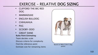 101
• CLIFFORD THE BIG RED
DOG
• MARMADUKE
• ENGLISH BULLDOG
• CHIHUAHUA
• PUG
• SCOOBY-DOO
• GREAT DANE
EXERCISE – RELATIVE DOG SIZING
Rules Point Estimating:
Team decides scale
Discuss criteria for complexity
Find the reference point
Estimate size for remaining items
Based on Mike Cohn’s dog
points
 