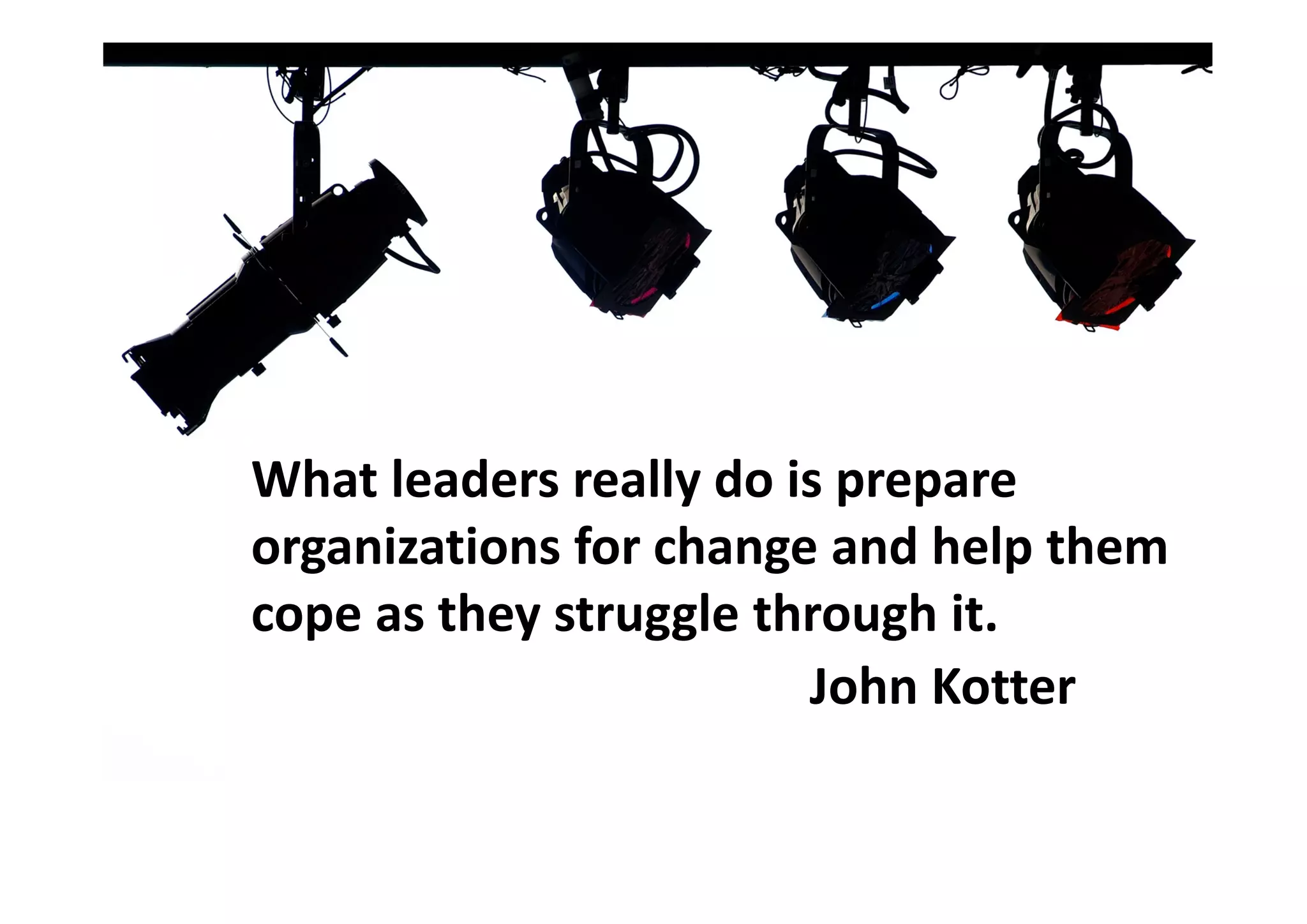 What leaders really do is prepare
organizations for change and help them
cope as they struggle through it.
John Kotter