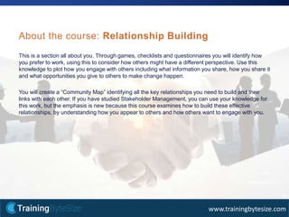 34apmg-international.com
www.trainingbytesize.com
This is a section all about you. Through games, checklists and questionnaires you will identify how
you prefer to work, using this to consider how others might have a different perspective. Use this
knowledge to plot how you engage with others including what information you share, how you share it
and what opportunities you give to others to make change happen.
You will create a “Community Map” identifying all the key relationships you need to build and their
links with each other. If you have studied Stakeholder Management, you can use your knowledge for
this work, but the emphasis is new because this course examines how to build these effective
relationships, by understanding how you appear to others and how others want to engage with you.
About the course: Relationship Building
 
