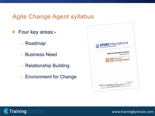43apmg-international.com
www.trainingbytesize.com
Agile Change Agent syllabus
Four key areas:-
– Roadmap
– Business Need
– Relationship Building
– Environment for Change
 