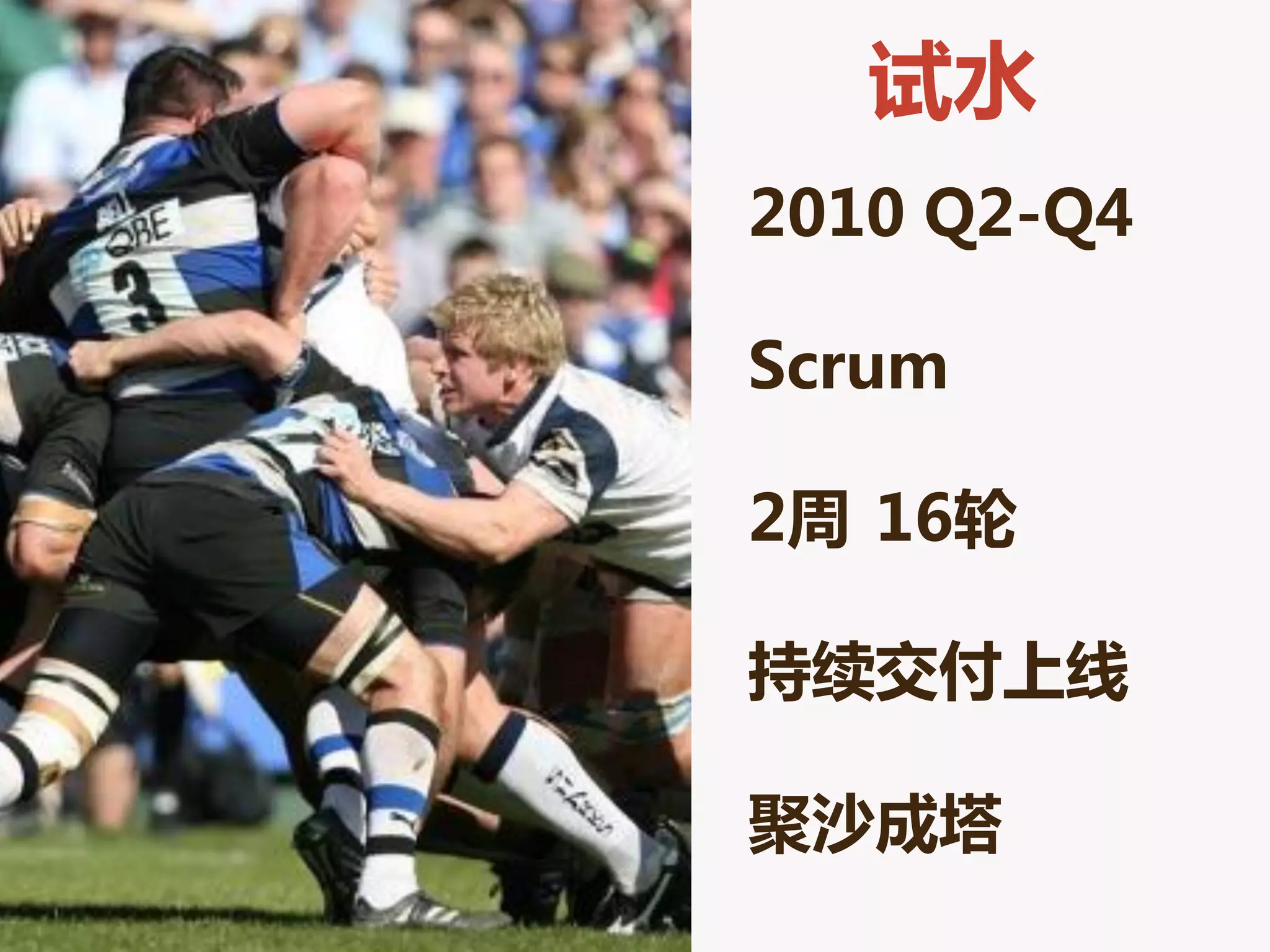 试水
2010 Q2-Q4

Scrum

2周 16轮

持续交付上线

聚沙成塔
 