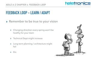 AGILE A-Z CHAPTER 4: FEEDBACK LOOP
FEEDBACK LOOP - LEARN / ADAPT
▸ Remember to be true to your vision
▸ Changing direction every spring won’t be
healthy for your team
▸ Technical Dept might increase
▸ Long term planning / architecture might
fail
▸ Etc.
 