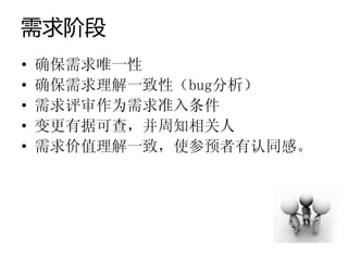 需求阶段
•   确保需求唯一性
•   确保需求理解一致性（bug分析）
•   需求评审作为需求准入条件
•   变更有据可查，并周知相关人
•   需求价值理解一致，使参预者有认同感。
 