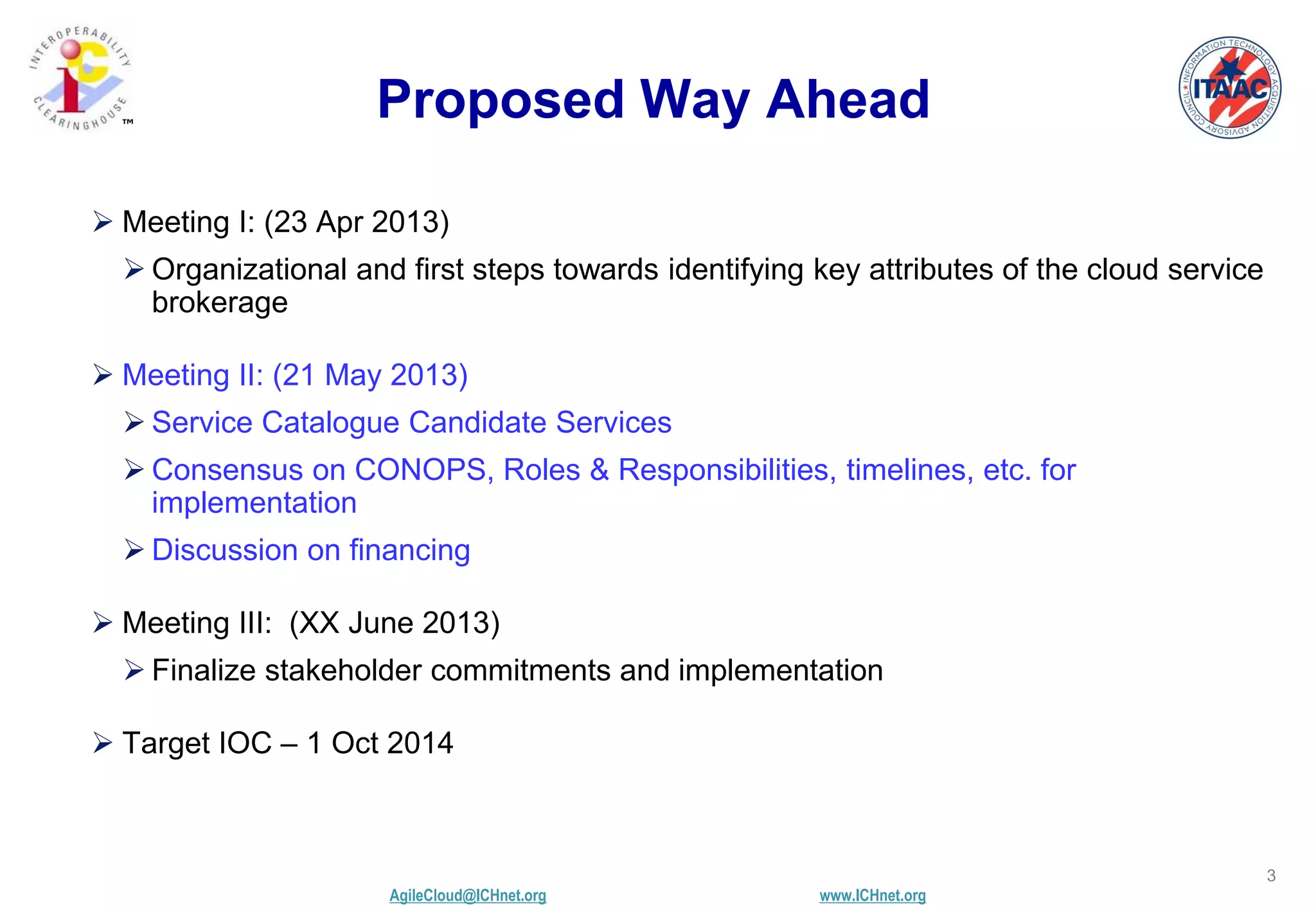 AgileCloud@ICHnet.org www.ICHnet.org
™
3
Proposed Way Ahead
 Meeting I: (23 Apr 2013)
 Organizational and first steps towards identifying key attributes of the cloud service
brokerage
 Meeting II: (21 May 2013)
 Service Catalogue Candidate Services
 Consensus on CONOPS, Roles & Responsibilities, timelines, etc. for
implementation
 Discussion on financing
 Meeting III: (XX June 2013)
 Finalize stakeholder commitments and implementation
 Target IOC – 1 Oct 2014
 