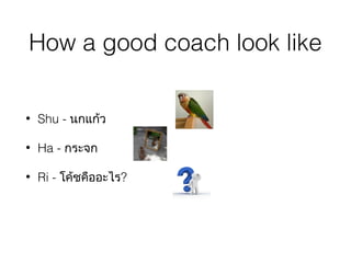 How a good coach look like
•

Shu - นกแก้ว

•

Ha - กระจก

•

Ri - โค้ชคืออะไร?

 