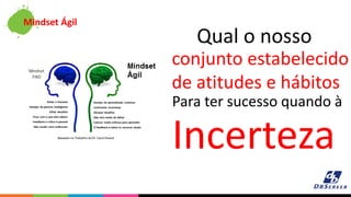 Qual o nosso
conjunto estabelecido
de atitudes e hábitos
Para ter sucesso quando à
Incerteza
Mindset Ágil
 