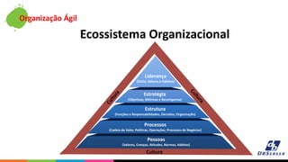Organização Ágil
Ecossistema Organizacional
Liderança
(Estilo, Valores e Hábitos)
Estratégia
(Objetivos, Métricas e Recompensa)
Estrutura
(Funções e Responsabilidades, Decisões, Organização)
Processos
(Cadeia de Valor, Políticas, Operações, Processos de Negócios)
Pessoas
(Valores, Crenças, Atitudes, Normas, Hábitos)
Cultura
 