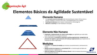 Organização Ágil
Elementos Básicos da Agilidade Sustentável
Elemento Humano
Elemento Não Humano
Medições
• Uma jornada comum de educação (não treinamento) para mudar a forma como as
pessoas trabalham e ilustram como viver a mentalidade ágil em seu trabalho
• Coaching de Liderança (como inspirar o desempenho e não obrigá-lo)
• Mentoria e Coaching em nível individual e de equipe.
• Projetando e implementando um roteiro multi-estágio para agilidade que muda todos
esses três elementos em sinergia e harmonia
• Uma combinação de consultoria, mentoring, coaching organizacional, reengenharia de
processos de negócios e gerenciamento de mudanças organizacionais para implementar as
mudanças em toda a organização
• Estabelecer um sistema de medição que monitore consistentemente o alinhamento da
cultura
• Medida primária de progresso é a mentalidade SHI e a transformação de hábitos de
trabalho pessoais e organizacionais
• Relato do progresso, em função da mudança cultural e não da mudança de processo,
nem mudança de estrutura.
 