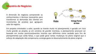 A dimensão de negócios compreende os
conhecimentos e técnicas necessários para
transformar as demandas dos clientes em
incrementos de produto que agreguem
valor de negócio.
Maestria de Negócios
Em projetos orientados a valor, quando se investe muito no planejamento, é gerado um risco
muito grande ao projeto, já em cenários de grande incerteza, o planejamento precisará ser
baseado em muitas premissas(eventos incertos que definimos como verdade para fins de
planejamento) que serão falsas, o que pode gerar tantas mudanças no plano original que o
esforço de adaptação não compensaria a energia gasta no desenvolvimento do plano original.
 