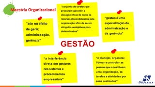 “ato ou efeito
de gerir;
administração,
gerência”
”conjunto de tarefas que
procuram garantir a
alocação eficaz de todos os
recursos disponibilizados pela
organização afim de serem
atingidos osobjetivos pré-
determinados”
GESTÃO
“gestão é uma
especialização da
administração e
da gerência”
“a interferência
direta dos gestores
nos sistemas e
procedimentos
empresariais”
“é planejar, organizar,
liderar e controlar as
pessoas que constituem
uma organização, as
tarefas e atividades por
estes realizadas”
Maestria Organizacional
 