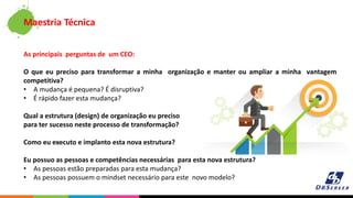 As principais perguntas de um CEO:
O que eu preciso para transformar a minha organização e manter ou ampliar a minha vantagem
competitiva?
• A mudança é pequena? É disruptiva?
• É rápido fazer esta mudança?
Qual a estrutura (design) de organização eu preciso
para ter sucesso neste processo de transformação?
Como eu executo e implanto esta nova estrutura?
Eu possuo as pessoas e competências necessárias para esta nova estrutura?
• As pessoas estão preparadas para esta mudança?
• As pessoas possuem o mindset necessário para este novo modelo?
Maestria Técnica
 