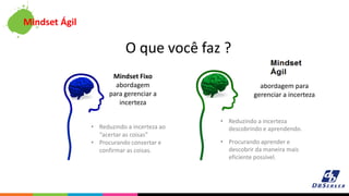 O que você faz ?
Mindset Fixo
abordagem
para gerenciar a
incerteza
Mindset Ágil
abordagem para
gerenciar a incerteza
• Reduzindo a incerteza
descobrindo e aprendendo.
• Procurando aprender e
descobrir da maneira mais
eficiente possível.
• Reduzindo a incerteza ao
“acertar as coisas”
• Procurando consertar e
confirmar as coisas.
Mindset Ágil
 