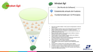 Mindset Ágil
Estabelecido através de 4 valores
Fundamentado por 12 Princípios
Manifestado através de diversas Práticas
[No Mundo do Software]
1. Nossa maior prioridade é satisfazer o cliente, através da entrega adiantada e contínua de
software de valor.
2. Aceitar mudanças de requisitos, mesmo no fim do desenvolvimento. Processos ágeis se
adequam a mudanças, para que o cliente possa tirar vantagens competitivas.
3. Entregar software funcionando com freqüencia, na escala de semanas até meses, com
preferência aos períodos mais curtos.
4. Pessoas relacionadas à negócios e desenvolvedores devem trabalhar em conjunto e
diáriamente, durante todo o curso do projeto.
5. Construir projetos ao redor de indivíduos motivados. Dando a eles o ambiente e
suporte necessário, e confiar que farão seu trabalho.
6. O Método mais eficiente e eficaz de transmitir informações para, e por dentro de um
time de desenvolvimento, é através de uma conversa cara a cara.
7. Software funcional é a medida primária de progresso.
8. Processos ágeis promovem um ambiente sustentável. Os patrocinadores,
desenvolvedores e usuários, devem ser capazes de manter indefinidamente, passos
constantes.
9. Contínua atenção à excelência técnica e bom design, aumenta a agilidade.
10. Simplicidade: a arte de maximizar a quantidade de trabalho que não precisou ser feito.
11. As melhores arquiteturas, requisitos e designs emergem de times auto-organizáveis.
12. Em intervalos regulares, o time reflete em como ficar mais efetivo, então, se ajustam e
otimizam seu comportamento de acordo.
Mindset Ágil
 