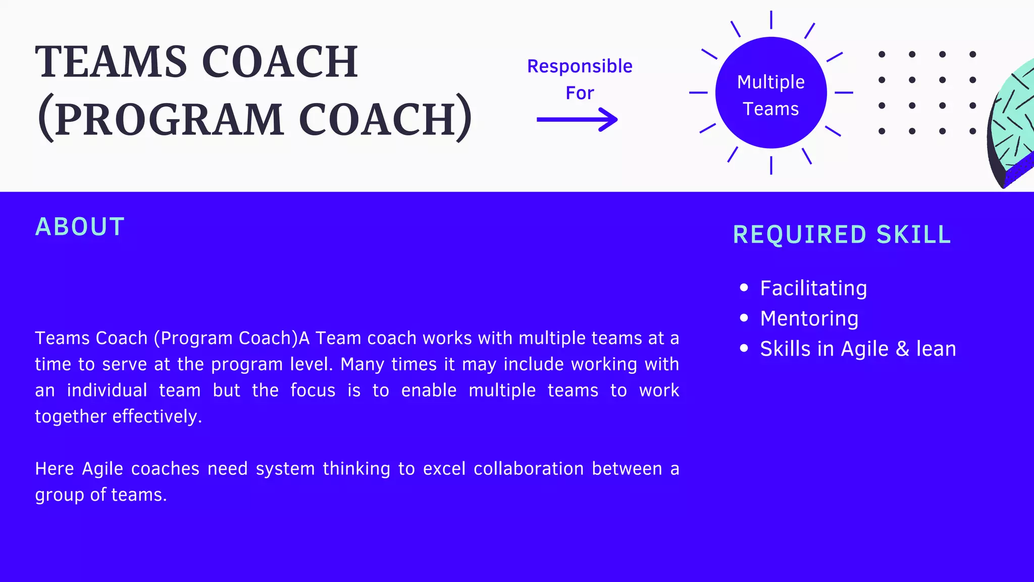 TEAMS COACH
(PROGRAM COACH)
Multiple
Teams
Teams Coach (Program Coach)A Team coach works with multiple teams at a
time to serve at the program level. Many times it may include working with
an individual team but the focus is to enable multiple teams to work
together effectively.
Here Agile coaches need system thinking to excel collaboration between a
group of teams.
REQUIRED SKILL
Facilitating
Mentoring
Skills in Agile & lean
ABOUT
Responsible
For
 