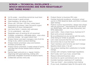 SCRUM + TECHNICAL EXCELLENCE – 
WHICH BEHAVIOURS ARE NON-NEGOTIABLE? 
ARE THERE MORE? 
 Un-fix scope – everything cannot ...