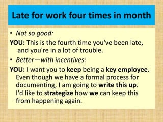 Late for work four times in month
• Not so good:
YOU: This is the fourth time you've been late,
and you're in a lot of trouble.
• Better—with incentives:
YOU: I want you to keep being a key employee.
Even though we have a formal process for
documenting, I am going to write this up.
I'd like to strategize how we can keep this
from happening again.
 