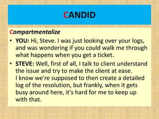 CANDID
Compartmentalize
• YOU: Hi, Steve. I was just looking over your logs,
and was wondering if you could walk me through
what happens when you get a ticket.
• STEVE: Well, first of all, I talk to client understand
the issue and try to make the client at ease.
I know we're supposed to then create a detailed
log of the resolution, but frankly, when it gets
busy around here, it's hard for me to keep up
with that.
 
