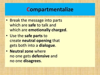 Compartmentalize
• Break the message into parts
which are safe to talk and
which are emotionally charged.
• Use the safe p...