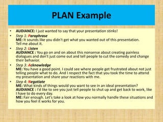 PLAN Example
• AUDIANCE: I just wanted to say that your presentation stinks!
• Step 1: Paraphrase
ME: It sounds like you d...