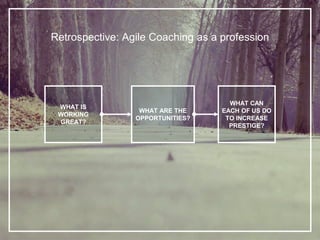 Retrospective: Agile Coaching as a profession
WHAT ARE THE
OPPORTUNITIES?
WHAT IS
WORKING
GREAT?
WHAT CAN
EACH OF US DO
TO INCREASE
PRESTIGE?
 