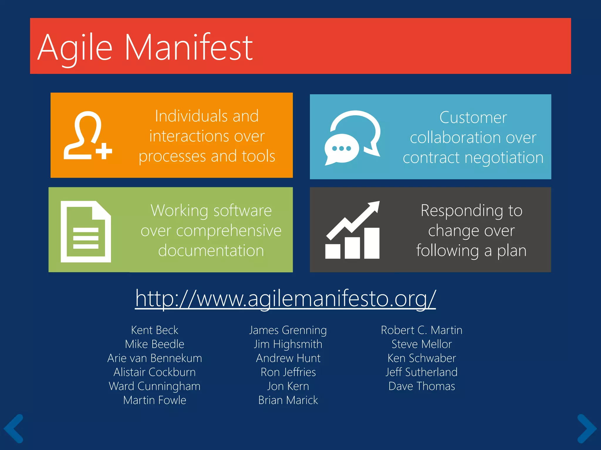 Agile Manifest
Individuals and
interactions over
processes and tools
Working software
over comprehensive
documentation
Customer
collaboration over
contract negotiation
Responding to
change over
following a plan
http://www.agilemanifesto.org/
Kent Beck
Mike Beedle
Arie van Bennekum
Alistair Cockburn
Ward Cunningham
Martin Fowle
James Grenning
Jim Highsmith
Andrew Hunt
Ron Jeffries
Jon Kern
Brian Marick
Robert C. Martin
Steve Mellor
Ken Schwaber
Jeff Sutherland
Dave Thomas
 