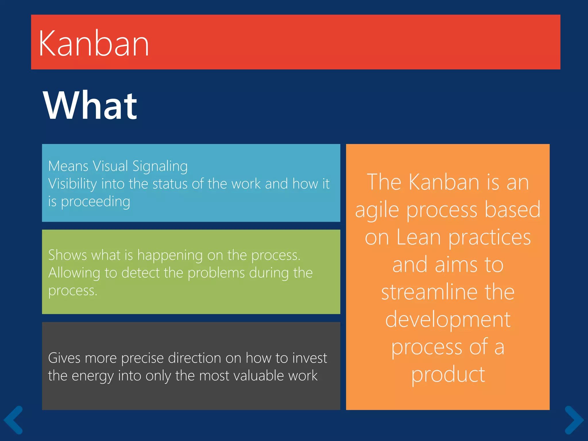 Kanban
The Kanban is an
agile process based
on Lean practices
and aims to
streamline the
development
process of a
product
Means Visual Signaling
Visibility into the status of the work and how it
is proceeding
Shows what is happening on the process.
Allowing to detect the problems during the
process.
Gives more precise direction on how to invest
the energy into only the most valuable work
What
 