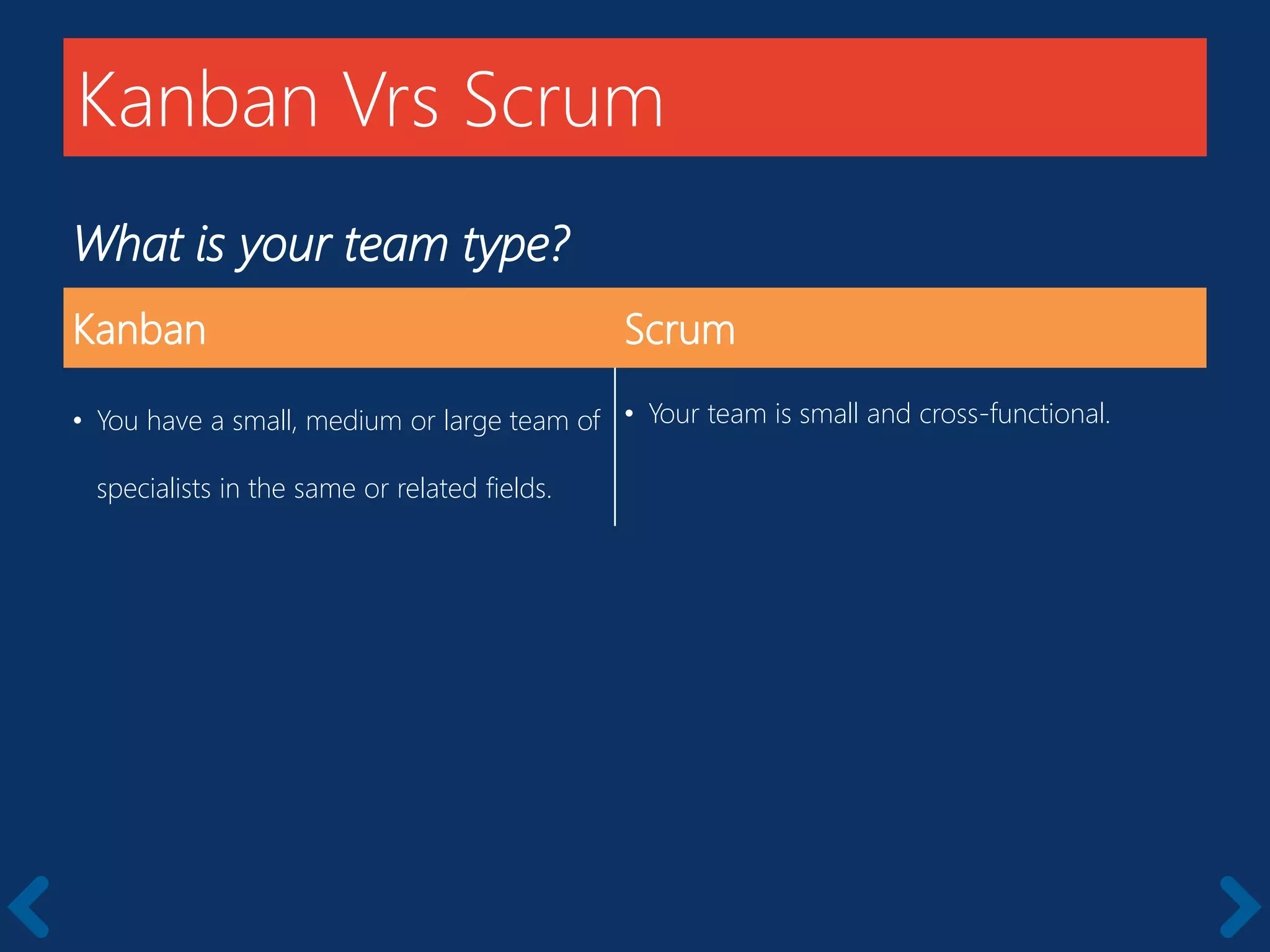 What is your team type?
Kanban Scrum
• You have a small, medium or large team of
specialists in the same or related fields.
• Your team is small and cross-functional.
Kanban Vrs Scrum
 