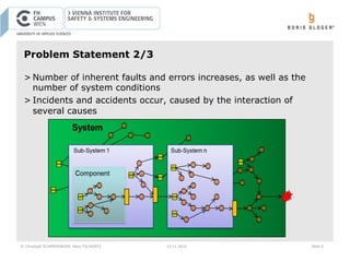 © Christoph SCHMIEDINGER, Hans TSCHÜRTZ 15.11.2016 Slide 4
Problem Statement 2/3
> Number of inherent faults and errors increases, as well as the
number of system conditions
> Incidents and accidents occur, caused by the interaction of
several causes
 