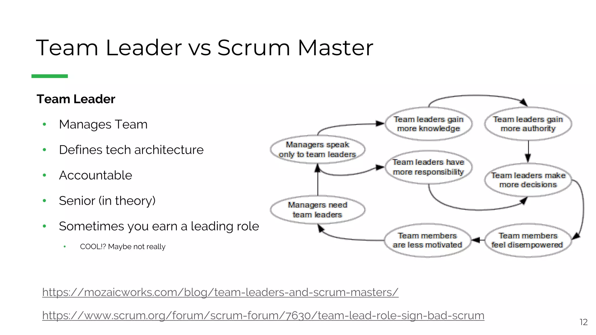 12
Team Leader vs Scrum Master
§ Team Leader
• Manages Team
• Defines tech architecture
• Accountable
• Senior (in theory)
• Sometimes you earn a leading role
• COOL!? Maybe not really
https://mozaicworks.com/blog/team-leaders-and-scrum-masters/
https://www.scrum.org/forum/scrum-forum/7630/team-lead-role-sign-bad-scrum
 