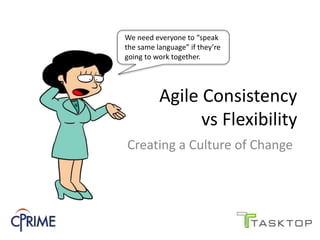 Agile Consistency
vs Flexibility
Creating a Culture of Change
We need everyone to “speak
the same language” if they’re
going to work together.
 
