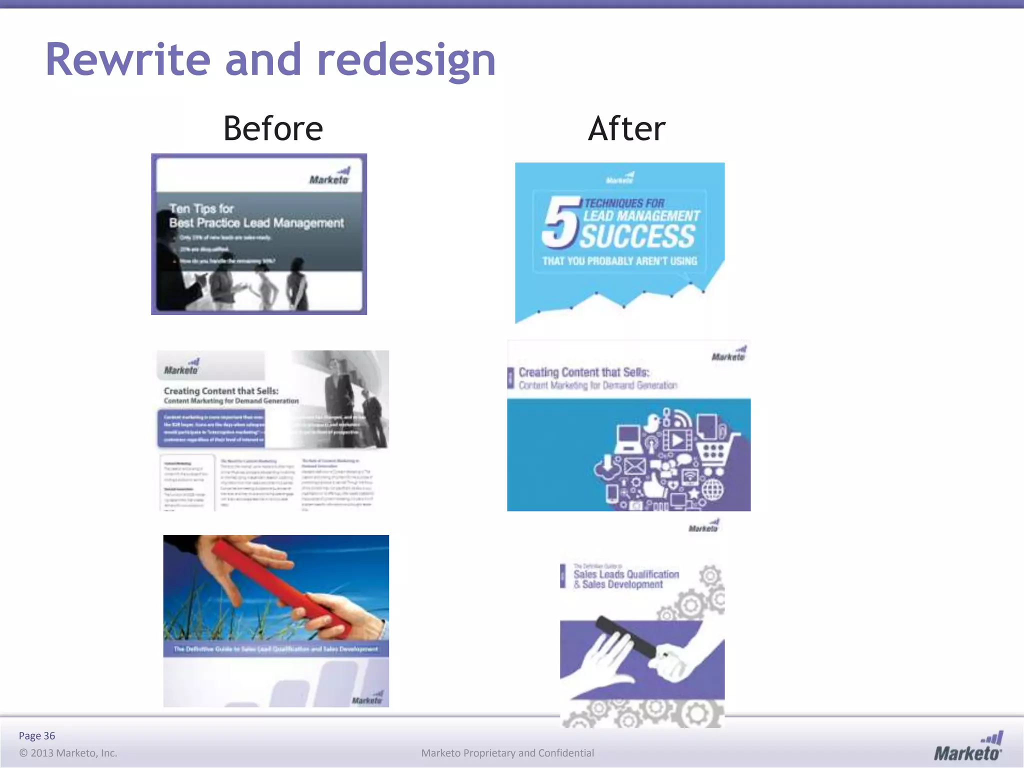 Page 36
© 2013 Marketo, Inc. Marketo Proprietary and Confidential
Rewrite and redesign
Before After
 