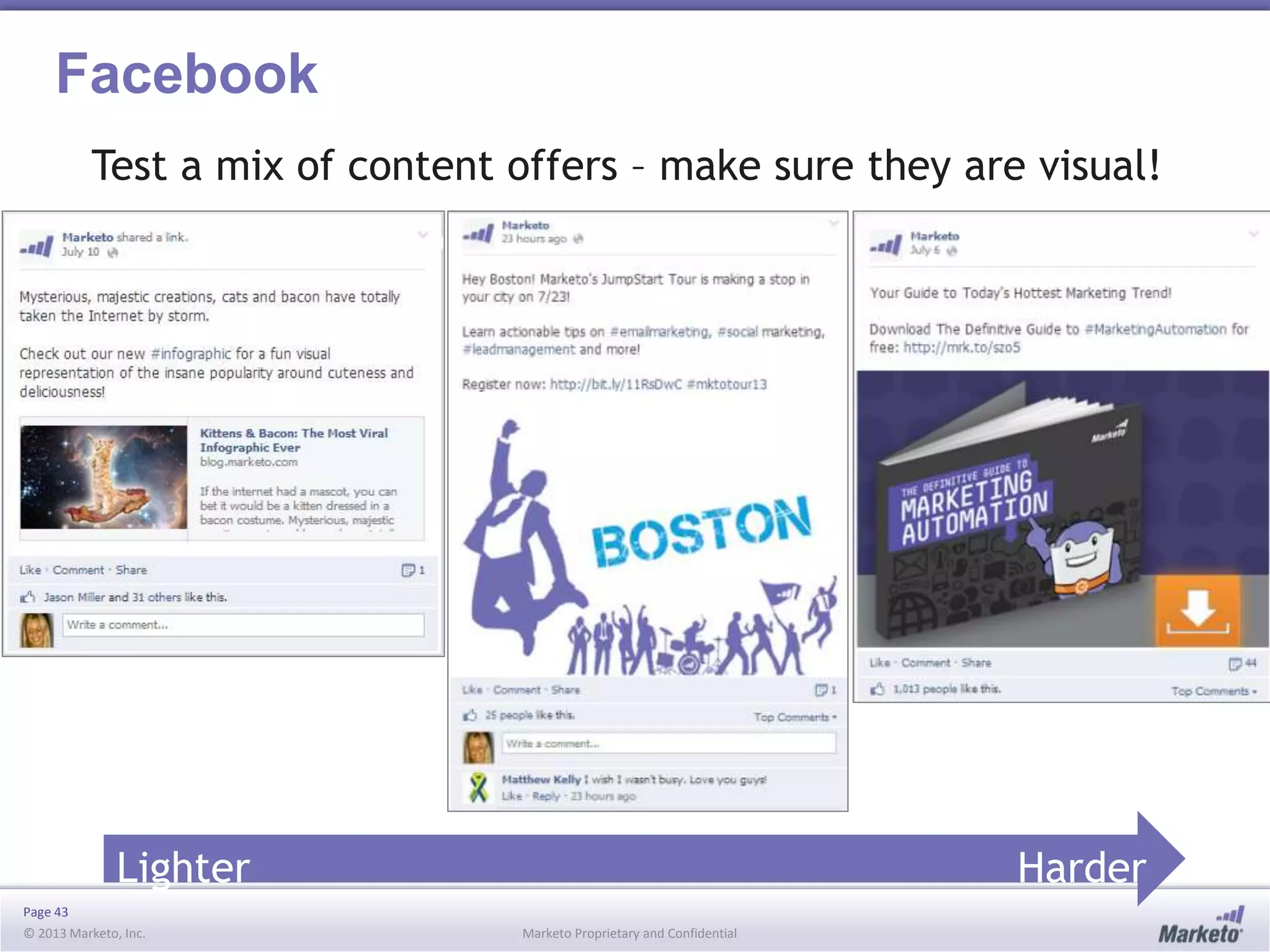 Page 43
© 2013 Marketo, Inc. Marketo Proprietary and Confidential
Facebook
Test a mix of content offers – make sure they are visual!
Lighter Harder
 