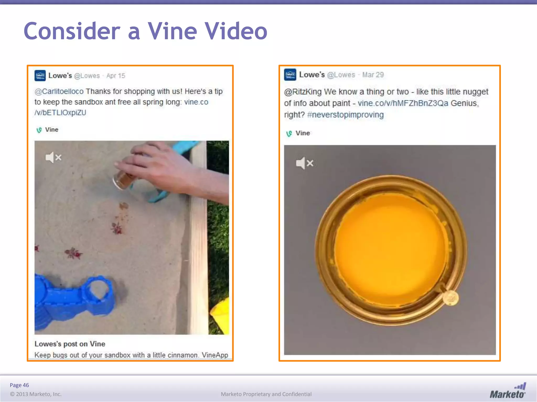 Page 46
© 2013 Marketo, Inc. Marketo Proprietary and Confidential
Consider a Vine Video
 