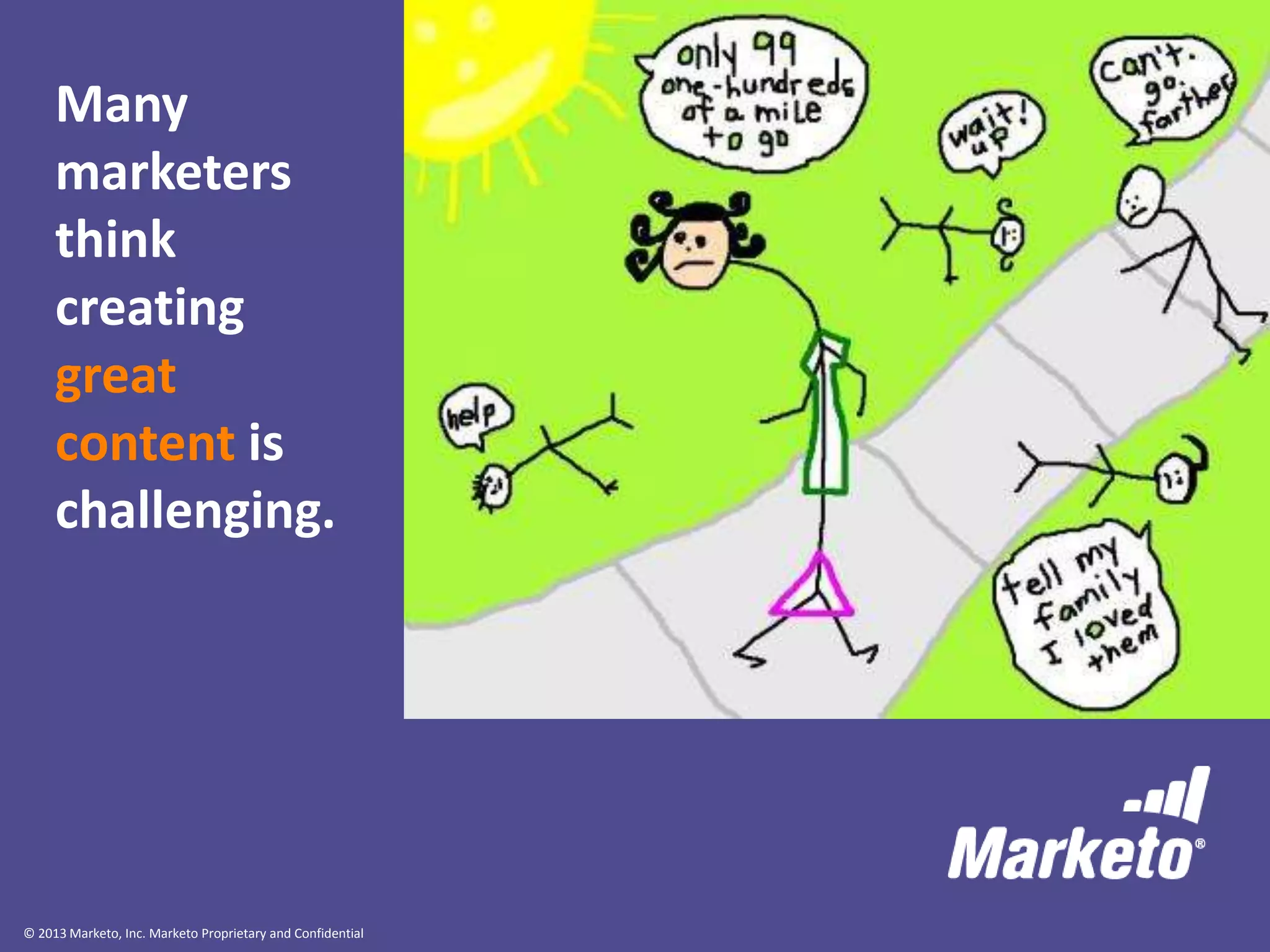 © 2013 Marketo, Inc. Marketo Proprietary and Confidential
Many
marketers
think
creating
great
content is
challenging.
 